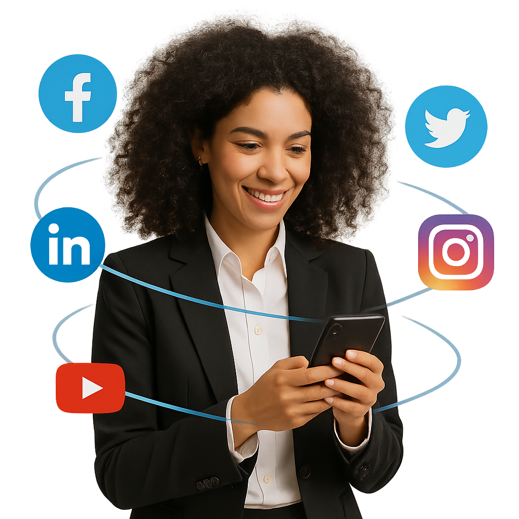 Marketing: ragazza connessa con icone social attorno